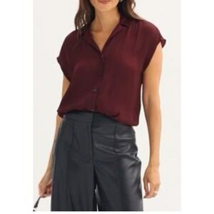 Nine West Maddie Plum Blouse  Women Short Sleeve Burgundy Size L  Solid New